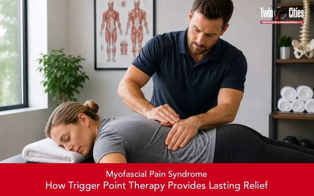 Chiropractor performing trigger point therapy on a patient's lower back to relieve myofascial pain.