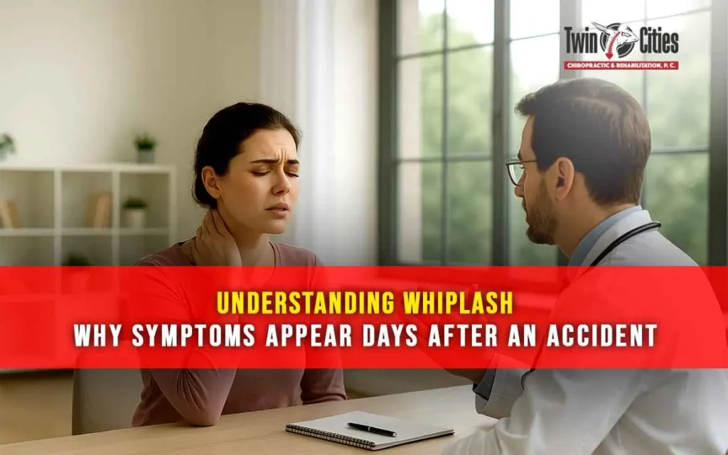 Woman holding her neck in pain while consulting with chiropractor about delayed whiplash symptoms at Twin Cities Chiropractic & Rehabilitation.