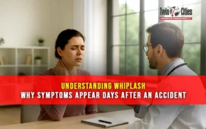 Woman holding her neck in pain while consulting with chiropractor about delayed whiplash symptoms at Twin Cities Chiropractic & Rehabilitation.