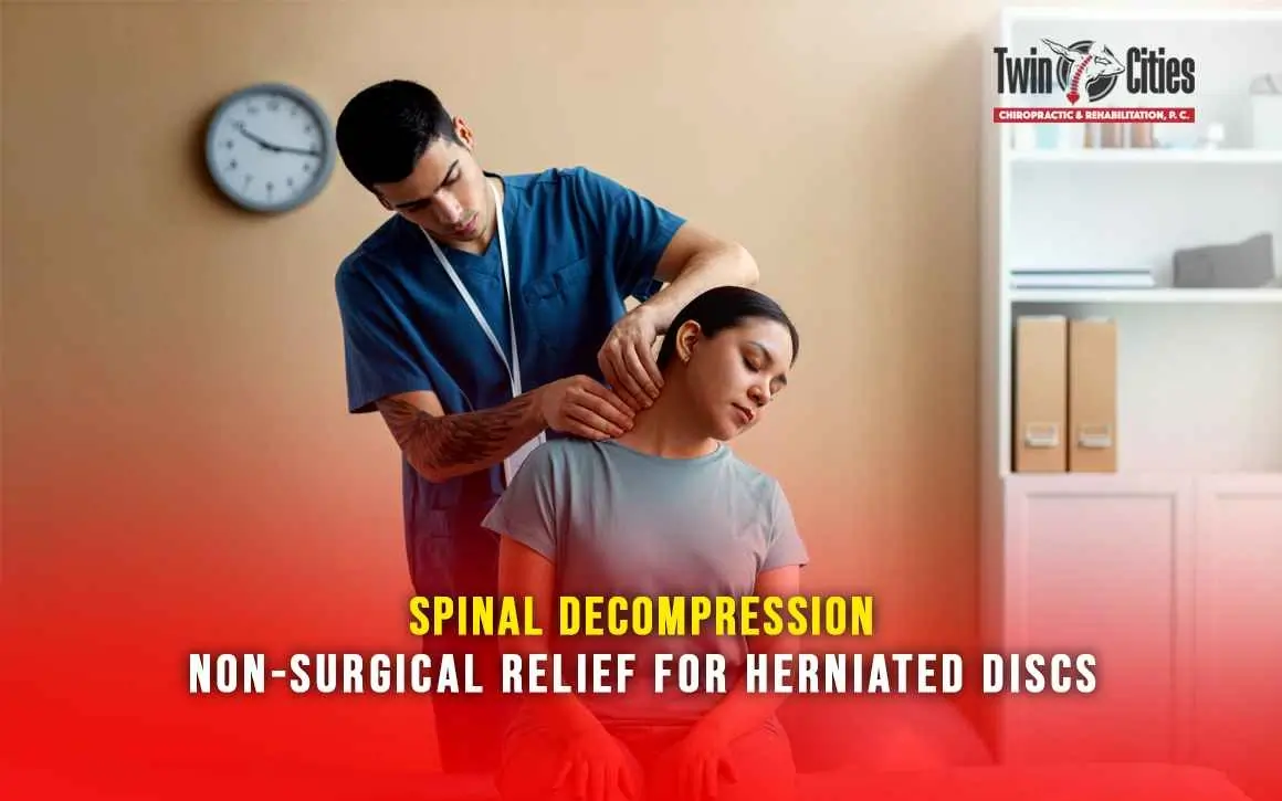 Chiropractor performing spinal decompression therapy on female patient for non-surgical relief of herniated discs at Twin Cities Chiropractic & Rehabilitation