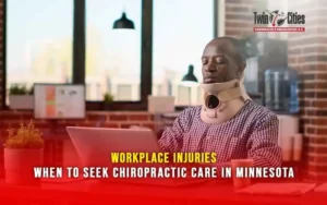 Office worker wearing a neck brace using a laptop after workplace injury, considering chiropractic care in Minnesota at Twin Cities Chiropractic & Rehabilitation