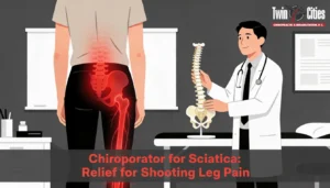 Illustration of a chiropractor explaining the spine model to a patient experiencing sciatica, with highlighted lower back and leg pain showing shooting nerve pain relief concept.
