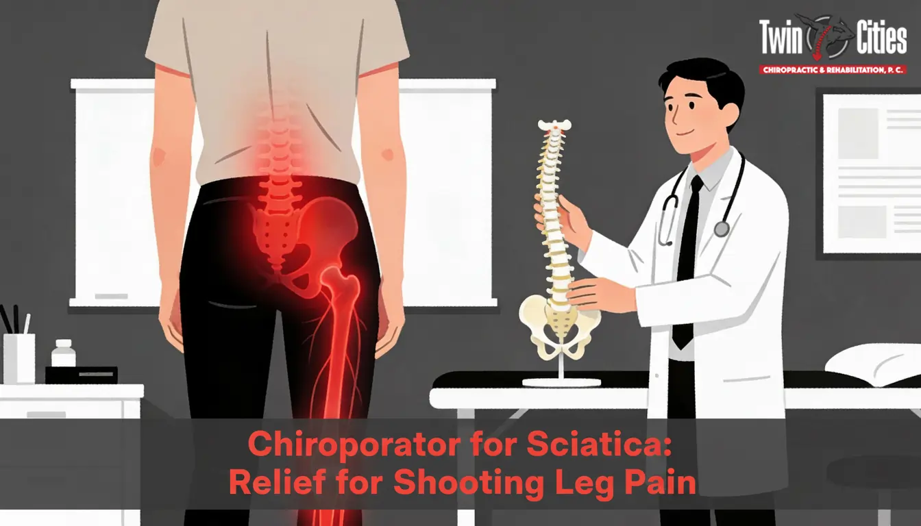 Illustration of a chiropractor explaining the spine model to a patient experiencing sciatica, with highlighted lower back and leg pain showing shooting nerve pain relief concept.