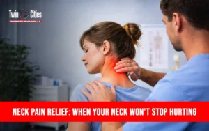 Chiropractor examining a woman’s neck with highlighted pain area, illustrating neck pain relief treatment for chronic neck discomfort.