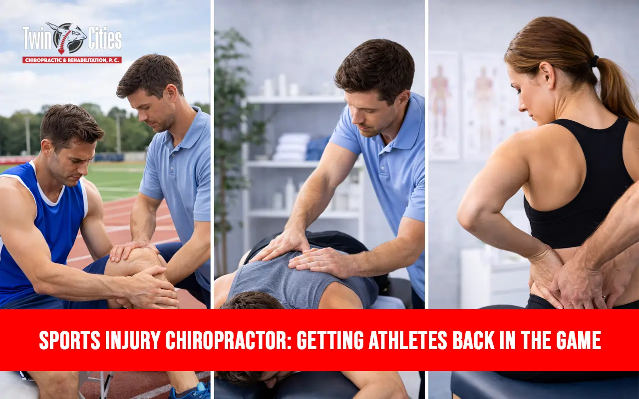 Sports injury chiropractor treating athletes with knee therapy, spinal adjustment, and lower back pain care to help them recover and return to peak performance.