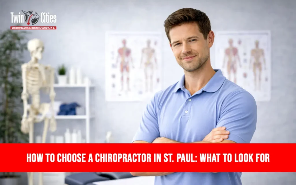 Confident chiropractor standing in a clinic with anatomical charts and spine model, representing guidance on how to choose a chiropractor in St. Paul.