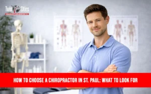 Confident chiropractor standing in a clinic with anatomical charts and spine model, representing guidance on how to choose a chiropractor in St. Paul.