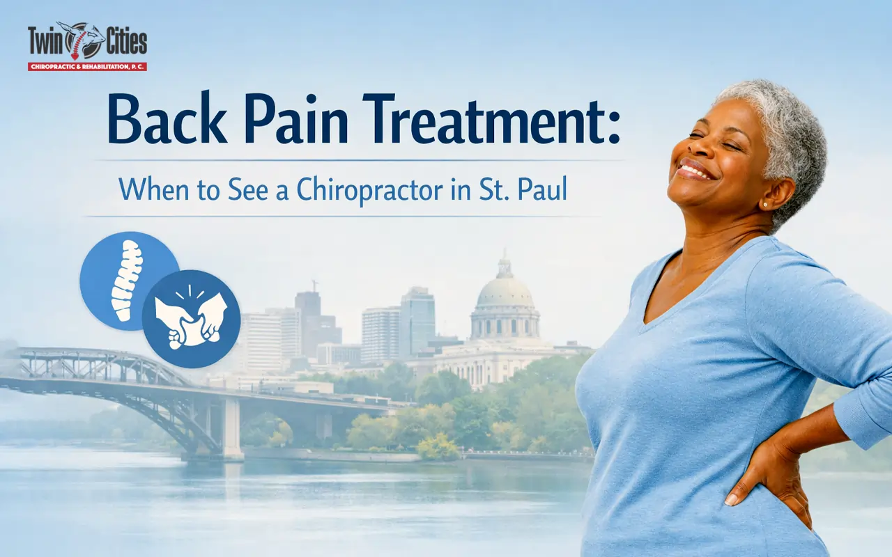 Back pain treatment banner showing a smiling woman holding her lower back with St. Paul skyline in the background.
