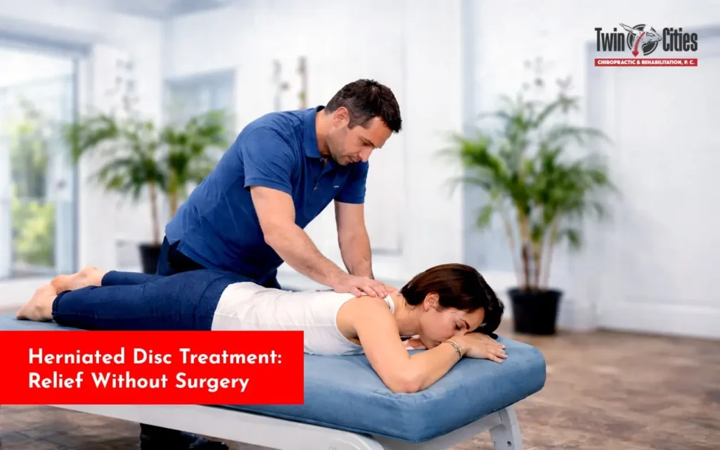 Chiropractor performing spinal adjustment on a woman lying face down on a treatment table, with text overlay “Herniated Disc Treatment: Relief Without Surgery.