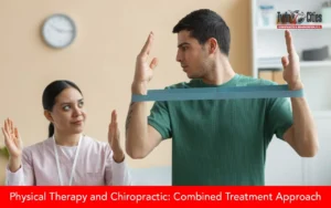 Patient performing resistance band exercise with therapist guidance for physical therapy and chiropractic treatment.