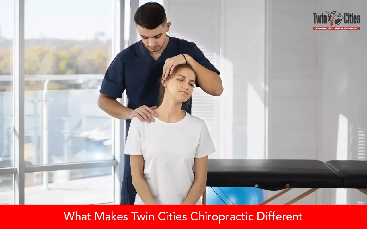 Chiropractor performing a neck adjustment on a woman at a chiropractic clinic, highlighting personalized care at Twin Cities Chiropractic.