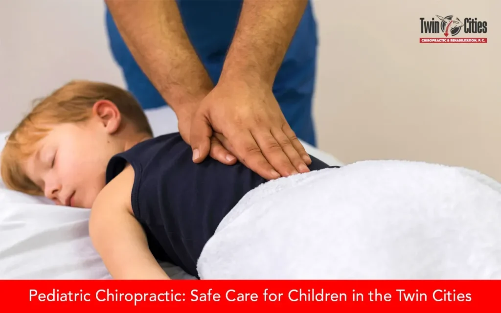 Child receiving gentle pediatric chiropractic back adjustment on treatment table