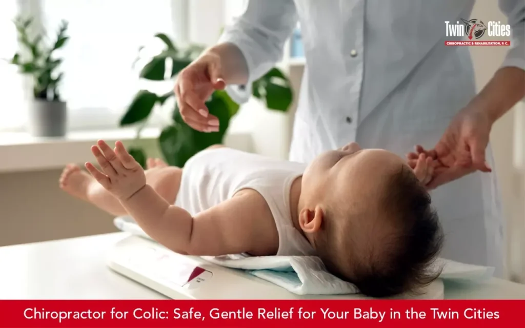 Chiropractor providing gentle care to a baby during a colic treatment session at a Twin Cities chiropractic clinic.