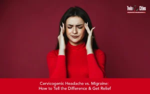 Woman experiencing head pain and migraine symptoms, illustrating the difference between cervicogenic headache and migraine pain.
