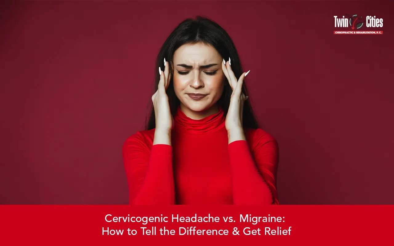 Woman experiencing head pain and migraine symptoms, illustrating the difference between cervicogenic headache and migraine pain.
