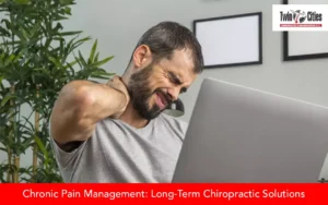 Man suffering from chronic neck pain while working on a laptop, highlighting long-term chiropractic pain management solutions by Twin Cities Chiropractic & Rehabilitation.
