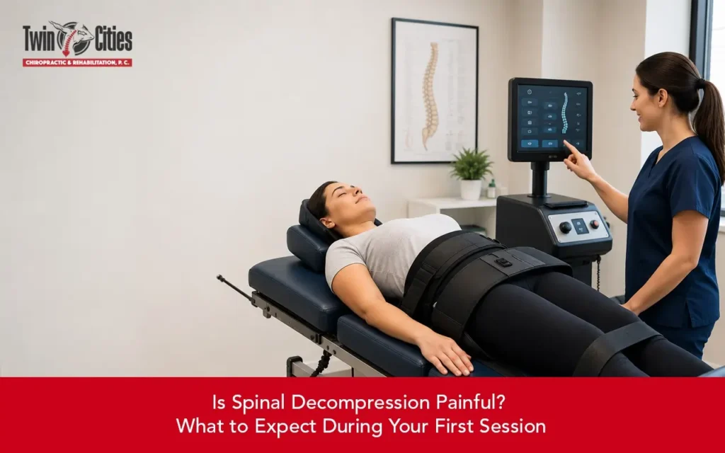 Patient receiving spinal decompression therapy during a chiropractic session