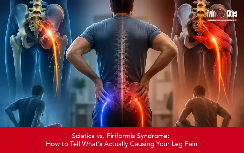 Comparison of sciatica and piriformis syndrome showing lower back, hip, and leg pain pathways.