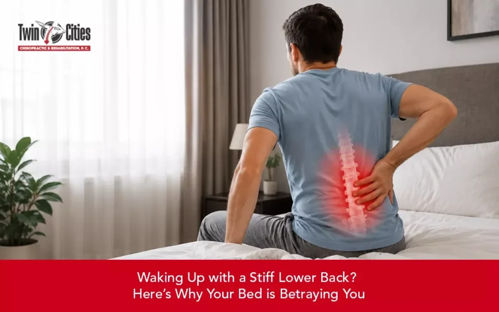 Man sitting on bed with lower back pain and spinal discomfort after waking up.