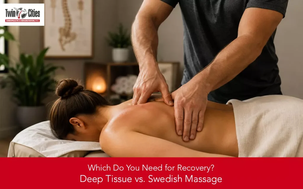 Deep tissue massage therapist applying focused pressure to a client's upper back