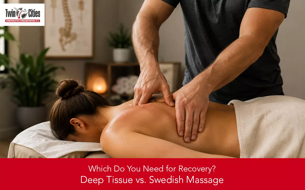 Deep tissue massage therapist applying focused pressure to a client's upper back