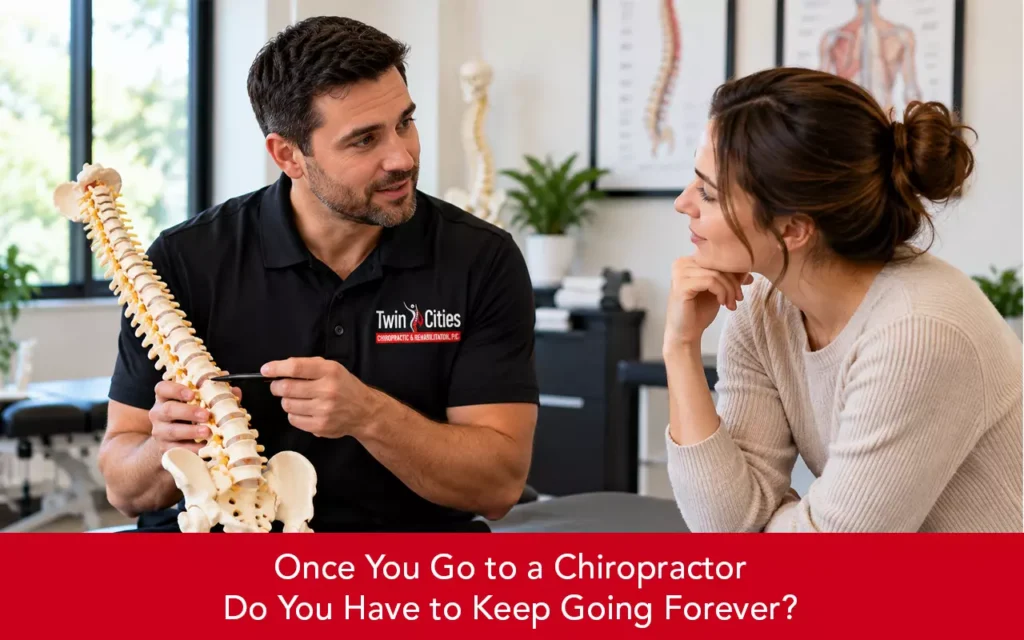 Chiropractor explaining spinal care to a woman while holding a spine model during a consultation.