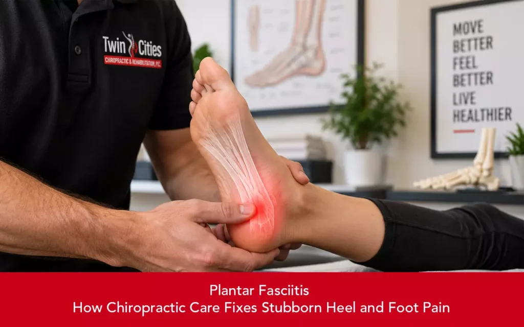Chiropractor examining and treating a patient’s foot and heel, with focus on the plantar fascia area.