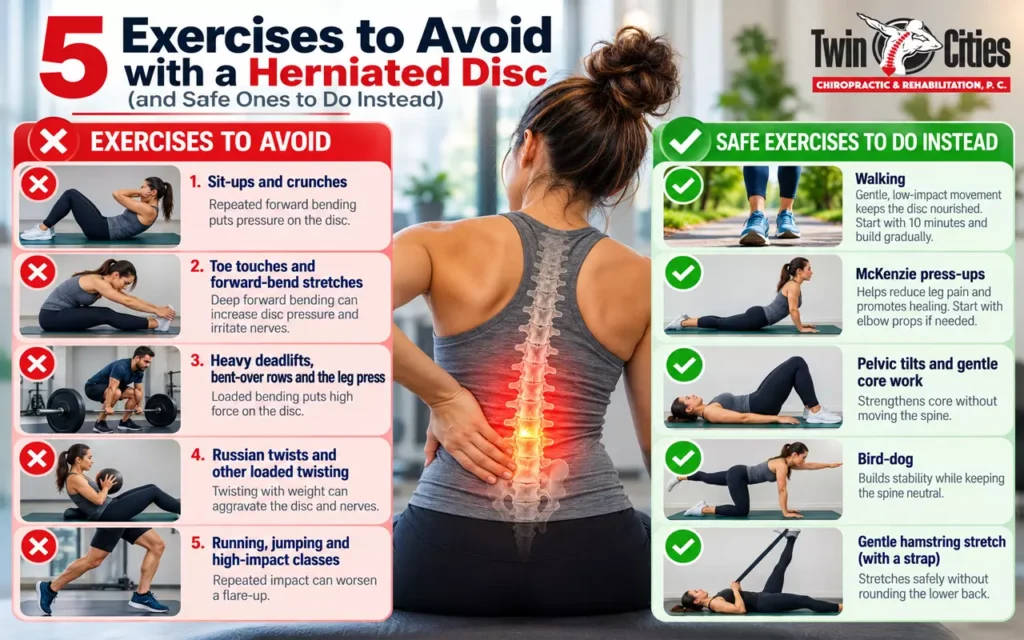 Infographic showing exercises to avoid with a herniated disc and safer alternatives.