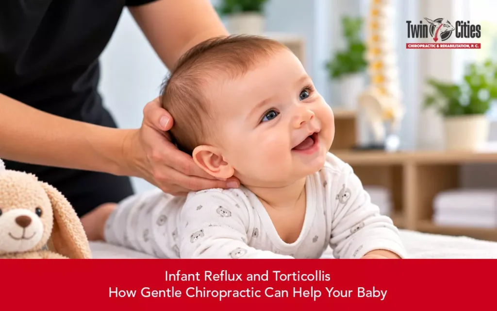Smiling baby receiving gentle chiropractic support for infant reflux and torticollis.
